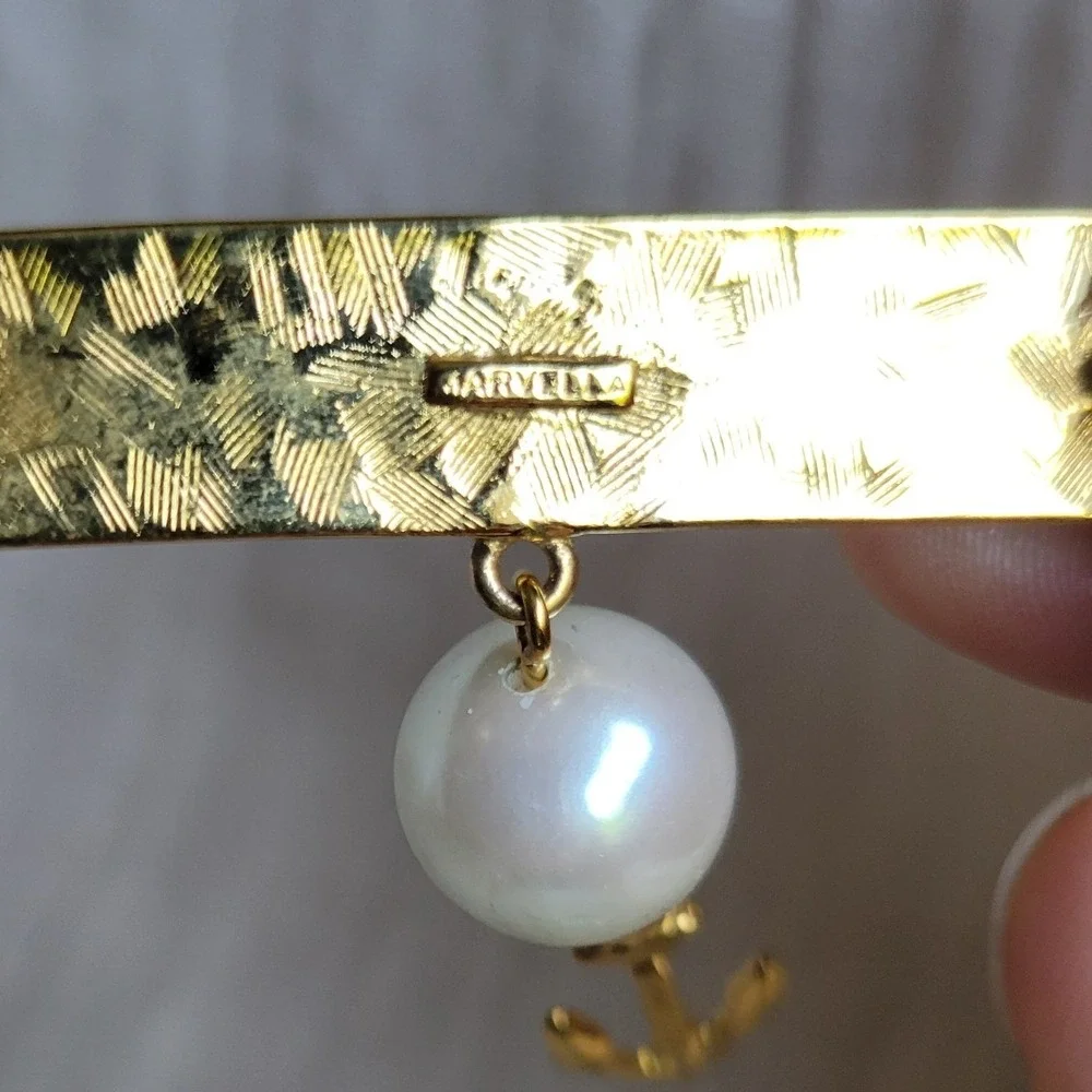 Vintage 1990s Marvella Nautical Enamel Bar Brooch Gold Pearl Anchor Pin